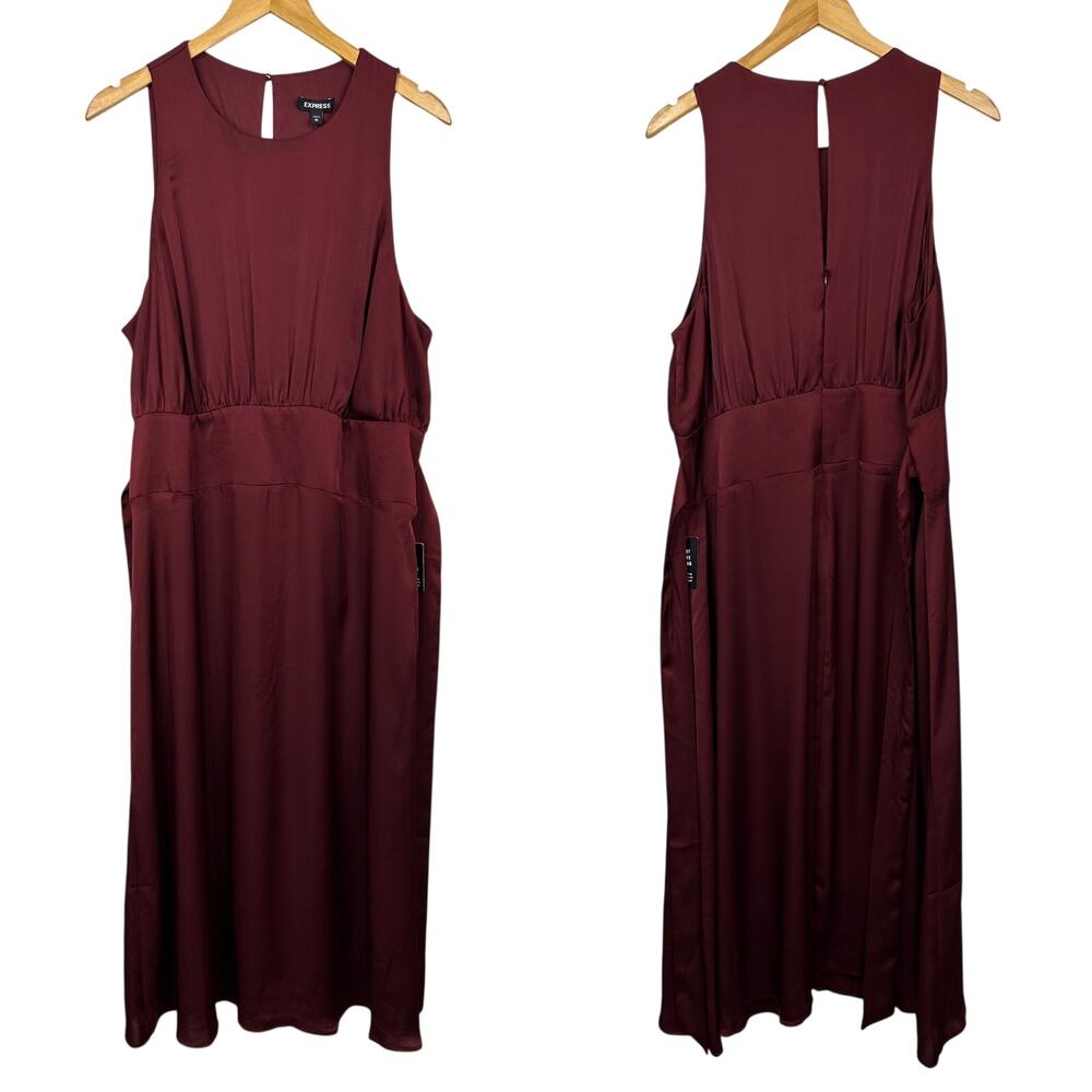 Express Maroon Satin Tie Belt A-Line Midi Dress